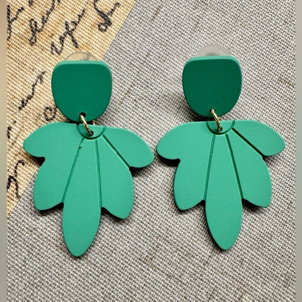 New Green Tropical Leaves Retro 80s Style Matte Finish Dangle Earrings - 2”